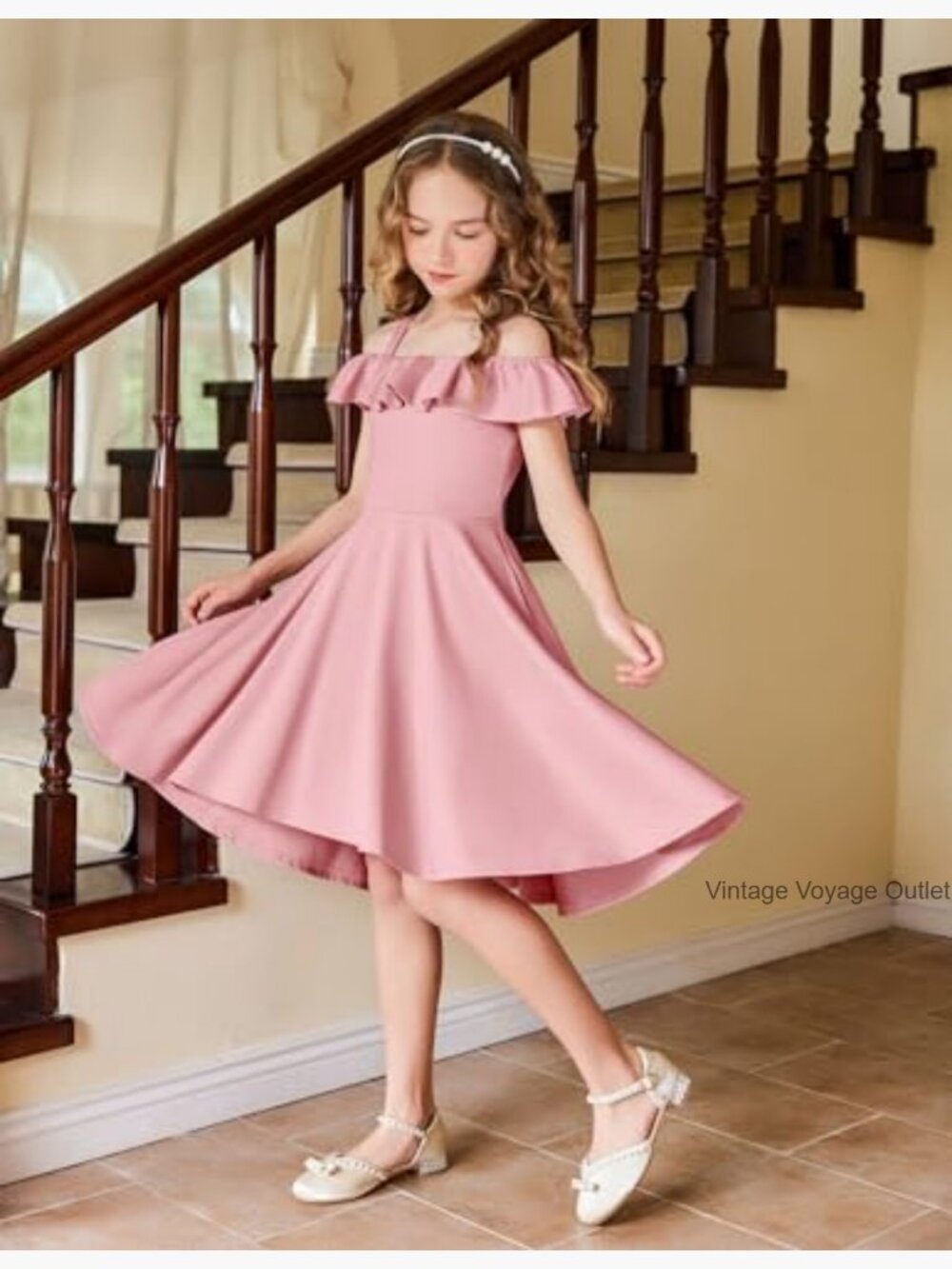 Girls Off Shoulder Flutter Sleeve Midi Swing Dress with Pockets - Picture 6 of 7